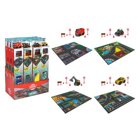 Spielzeugautos, Spielmatten, Straßenschilder und Kegel in verschiedenen Straßen- und Baustellenszenarien.