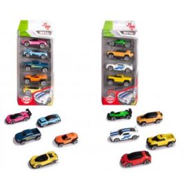 Zwei Spielzeugauto-Packs mit je fünf Autos, vor denen weitere einzelne Autos ausgestellt sind.