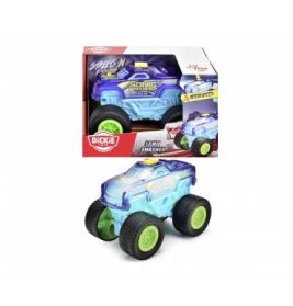Blauer Spielzeug-Monstertruck mit grünen Rädern neben seiner bunten Verpackung.