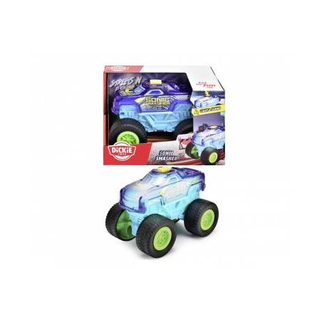 Blauer Spielzeug-Monstertruck mit grünen Rädern neben seiner bunten Verpackung.