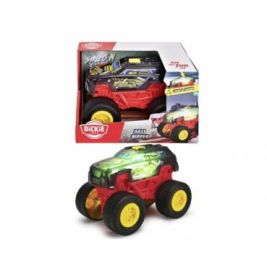 Ein roter und grüner Spielzeug-Monstertruck mit gelben Rädern vor seiner Verpackung.