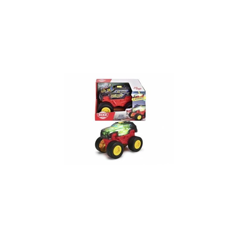 Ein roter und grüner Spielzeug-Monstertruck mit gelben Rädern vor seiner Verpackung. Ein roter und grüner Spielzeug-Monstertruck mit gelben Rädern vor seiner Verpackung.