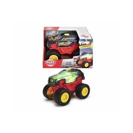 Ein roter und grüner Spielzeug-Monstertruck mit gelben Rädern vor seiner Verpackung.