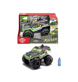Grüner und schwarzer Spielzeug-Monstertruck mit Fernbedienung, Verpackung trägt den Aufdruck Rowdy Rocker.