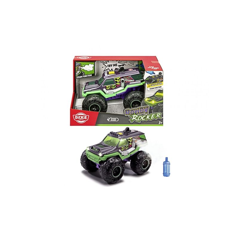 Grüner und schwarzer Spielzeug-Monstertruck mit Fernbedienung, Verpackung trägt den Aufdruck Rowdy Rocker. Grüner und schwarzer Spielzeug-Monstertruck mit Fernbedienung, Verpackung trägt den Aufdruck Rowdy Rocker.