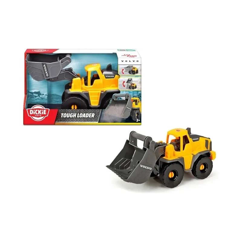 Gelber Volvo-Spielzeuglader mit Frontschaufel, gezeigt in und außerhalb der Tough Loader Dickie Toys Verpackung.