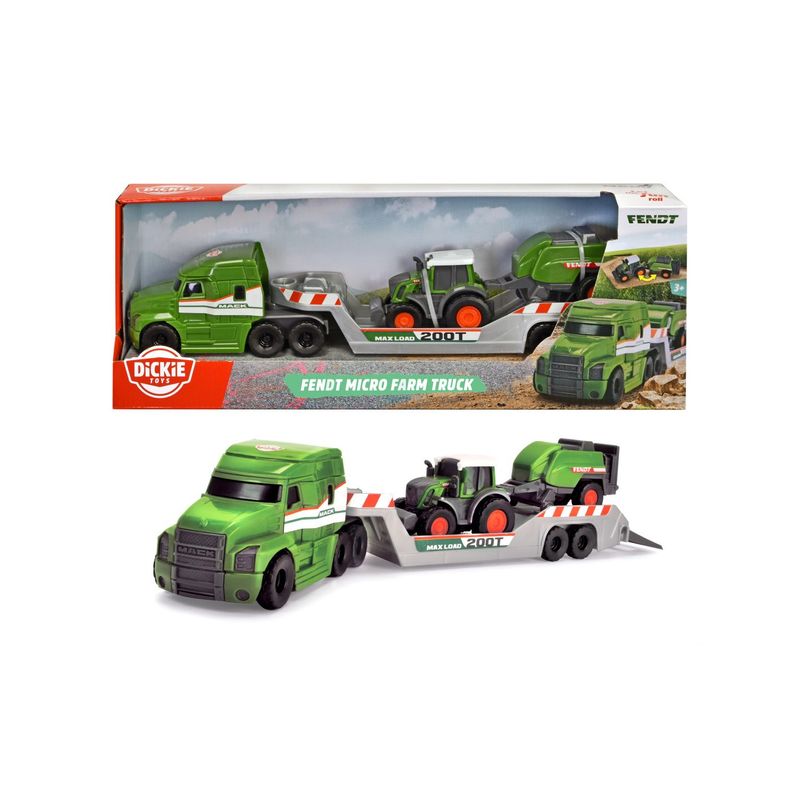 Spielset mit grünem Bauernhof-Lkw, Anhänger und Traktor, abgebildet im Freien und in beschrifteter Dickie-Verpackung.