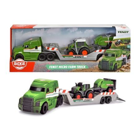 Spielset mit grünem Bauernhof-Lkw, Anhänger und Traktor, abgebildet im Freien und in beschrifteter Dickie-Verpackung.