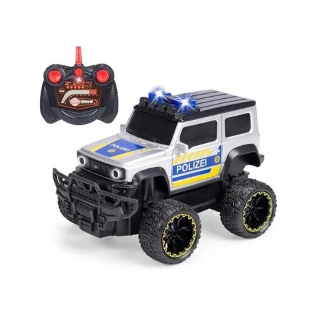 Ferngesteuertes Polizei-SUV-Spielzeug mit großen Rädern, Blinklichtern und schwarzer Fernbedienung. Ferngesteuertes Polizei-SUV-Spielzeug mit großen Rädern, Blinklichtern und schwarzer Fernbedienung.