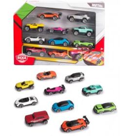 Spielzeugauto-Set mit 10 bunten Mini-Autos in und außerhalb einer rot-weißen Präsentationsbox.