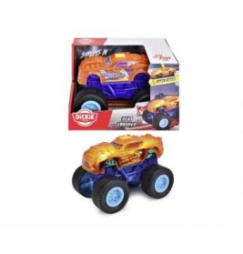 Spielzeug-Monstertruck in Orange und Lila, im Hintergrund ist die Verpackung zu sehen.
