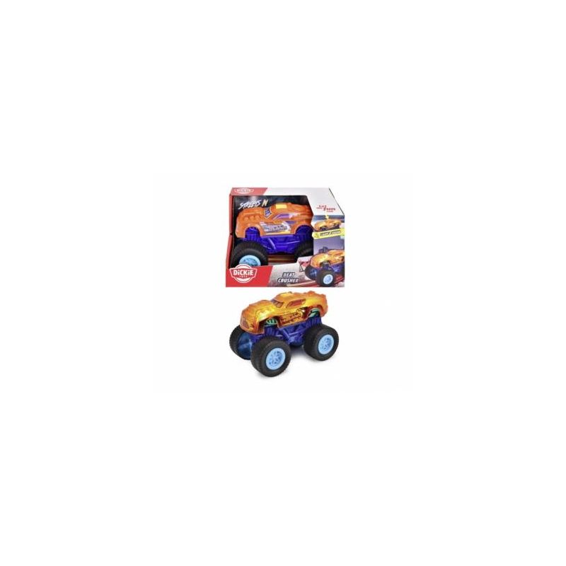 Spielzeug-Monstertruck in Orange und Lila, im Hintergrund ist die Verpackung zu sehen.