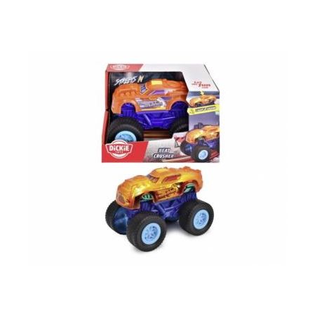 Spielzeug-Monstertruck in Orange und Lila, im Hintergrund ist die Verpackung zu sehen.