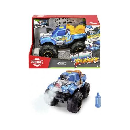 Blauer ferngesteuerter Monstertruck mit Raucheffekt, Verpackung und kleinem blauen Fläschchen für Flüssigkeit.