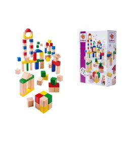 Bunte Holzbausteine zu Bauwerken angeordnet, rechts ist die Verpackung des Spielzeugs zu sehen.