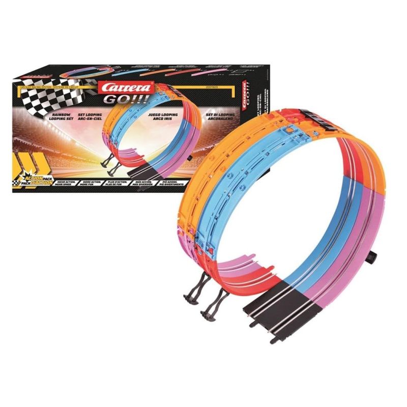 Farbiges Carrera GO!! Slotcar-Set mit Loopings, aufgebaut und in der Verpackung gezeigt.