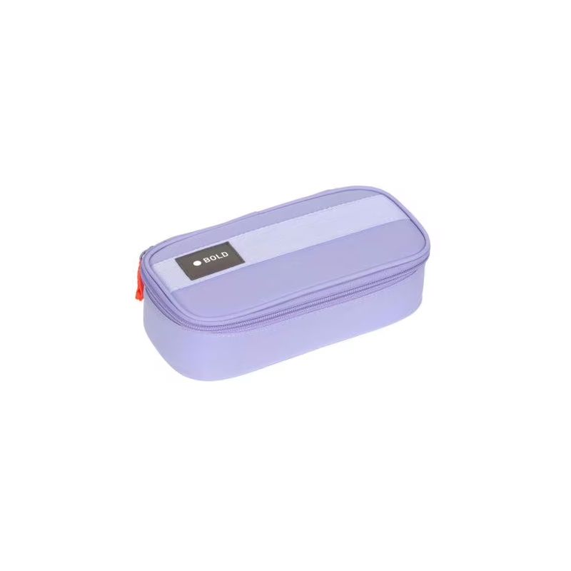 Rechteckiges lilafarbenes Etui mit Reißverschluss und einem Etikett oben. Rechteckiges lilafarbenes Etui mit Reißverschluss und einem Etikett oben.