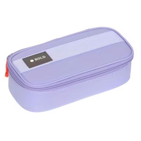 Rechteckiges lilafarbenes Etui mit Reißverschluss und einem Etikett oben.