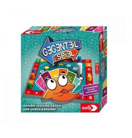 Bunte Gegenteil Spiel Box mit orangener Cartoonfigur und Karten, von Noris.