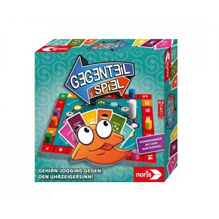 Bunte Gegenteil Spiel Box mit orangener Cartoonfigur und Karten, von Noris.