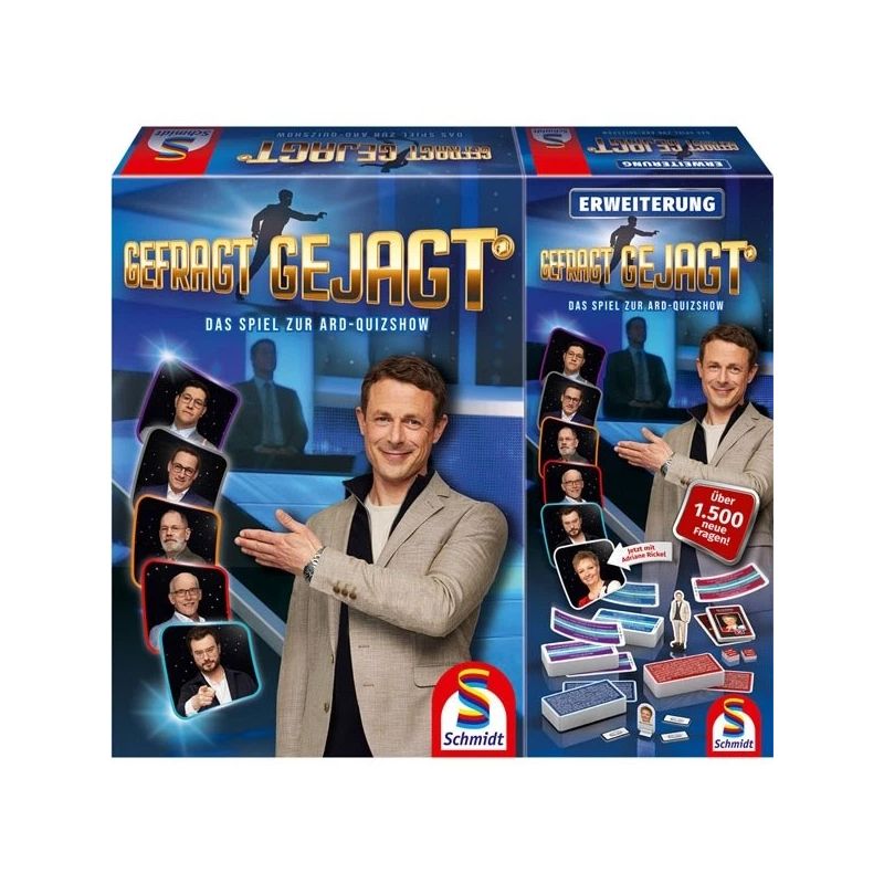 Gefragt Gejagt Brettspiel-Box mit Moderator, Kandidaten sowie blauen und roten Spielfiguren.