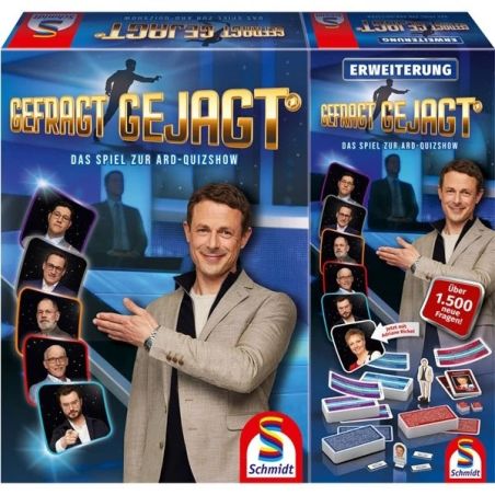 Gefragt Gejagt Brettspiel-Box mit Moderator, Kandidaten sowie blauen und roten Spielfiguren.