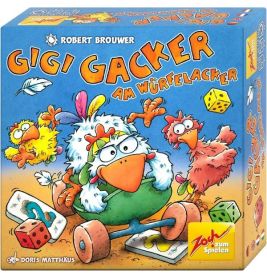 Bunte Brettspielschachtel mit Comic-Hühnern, Würfeln und dem Titel Gigi Gacker Am Würfelacker vorne.