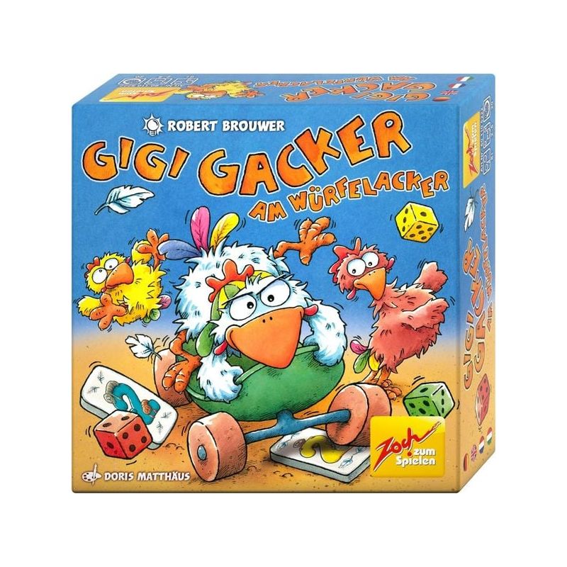 Bunte Brettspielschachtel mit Comic-Hühnern, Würfeln und dem Titel Gigi Gacker Am Würfelacker vorne.