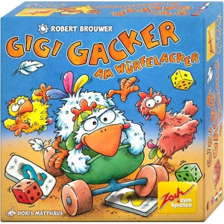 Bunte Brettspielschachtel mit Comic-Hühnern, Würfeln und dem Titel Gigi Gacker Am Würfelacker vorne.