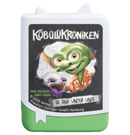 Box mit Comic-Goblin und Hund, Titel Koboldkroniken, deutschem Text, grün-weißes Design.