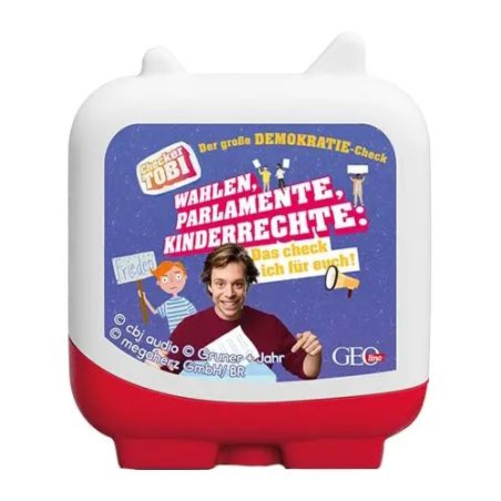 Rote und weiße Brotdose mit deutschem Text und Kind, wirbt für Kinderrechte.