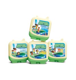 Vier bunte Behälter mit Abbildungen schwimmender Kinder, beschriftet mit Sunsfield Aquapark.