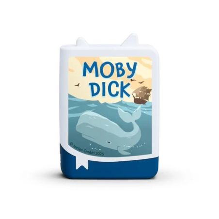 Eine Box mit Moby Dick, darauf ein Wal im Ozean und ein Schiff im Hintergrund abgebildet.