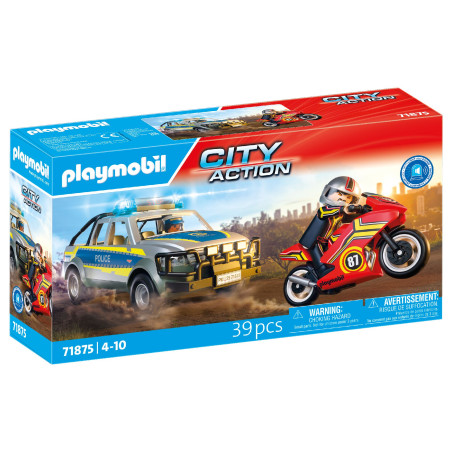 Playmobil City Action Set 71875 mit Polizeiauto und rotem Motorrad, 39 Teile, abgebildet auf der Verpackung.