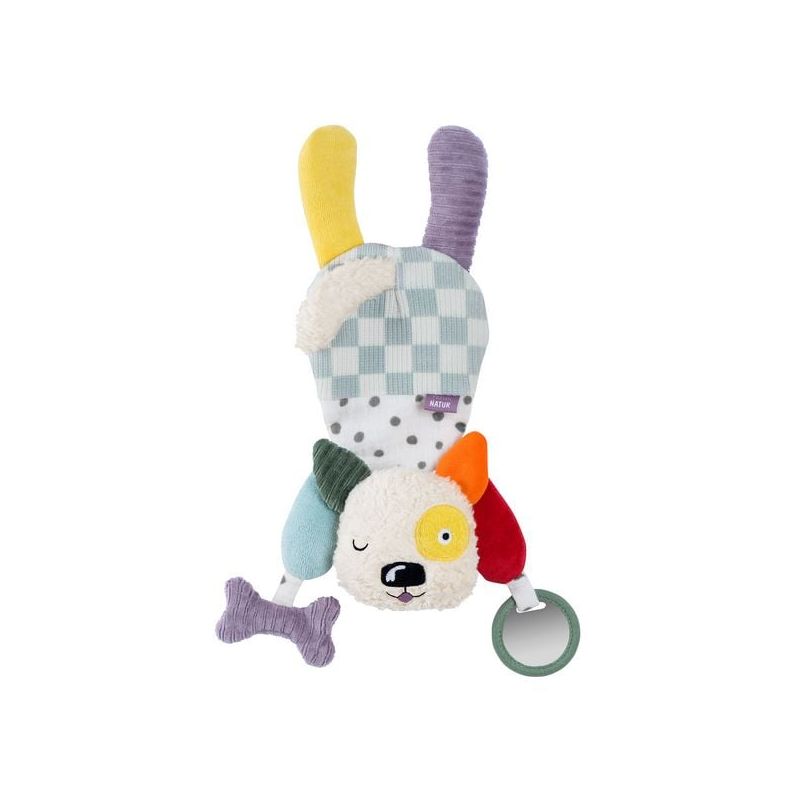 Plüschhund-Babytier mit bunten Ohren, Knochen und Strukturring, liegend auf weißem Hintergrund.