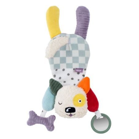 Plüschhund-Babytier mit bunten Ohren, Knochen und Strukturring, liegend auf weißem Hintergrund.
