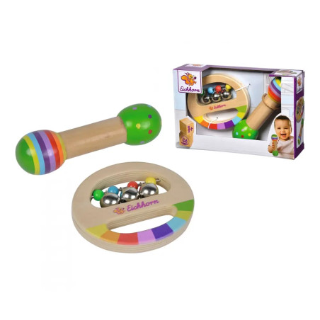 Holz-Babyrassel und Rollspielzeug mit bunten Akzenten, abgebildet samt Verpackung mit lachendem Kind.