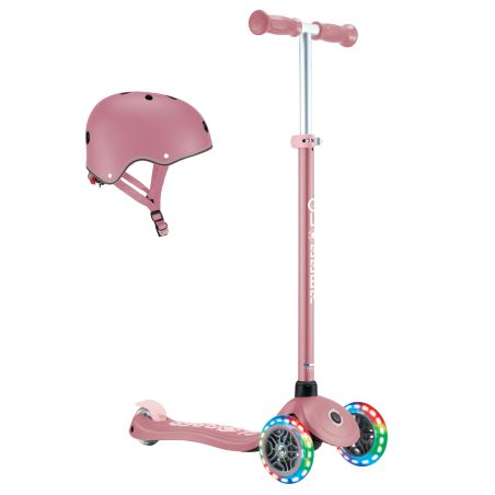Rosa Kinderroller mit leuchtenden LED-Rädern und passendem pinkem Helm mit schwarzen Lüftungslöchern.