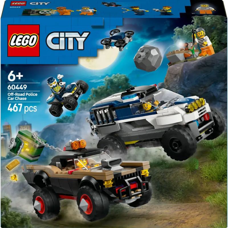 LEGO City Set 60449: Offroad-Polizei-Verfolgungsjagd mit Fahrzeugen, Minifiguren und 467 Teilen auf der Box. LEGO City Set 60449: Offroad-Polizei-Verfolgungsjagd mit Fahrzeugen, Minifiguren und 467 Teilen auf der Box.