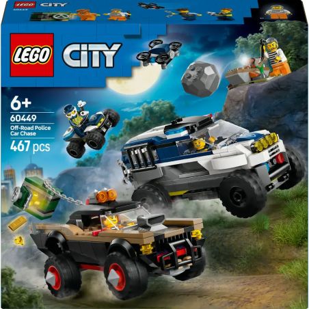 LEGO City Set 60449: Offroad-Polizei-Verfolgungsjagd mit Fahrzeugen, Minifiguren und 467 Teilen auf der Box.