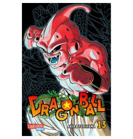 Cover von Dragon Ball Band 13 mit rotem Majin Buu in Kampfpose vor schwarzem Hintergrund.