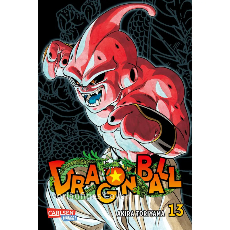Cover von Dragon Ball Band 13 mit rotem Majin Buu in Kampfpose vor schwarzem Hintergrund. Cover von Dragon Ball Band 13 mit rotem Majin Buu in Kampfpose vor schwarzem Hintergrund.