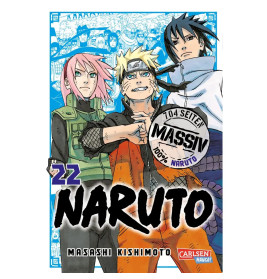 Naruto, Sakura und Sasuke stehen gemeinsam auf dem Cover von Naruto Manga Band 22 mit blauem Hintergrund.