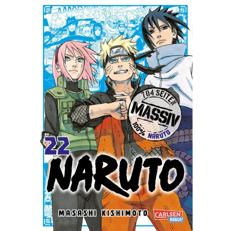 Naruto, Sakura und Sasuke stehen gemeinsam auf dem Cover von Naruto Manga Band 22 mit blauem Hintergrund.