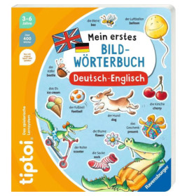Cover eines deutsch-englischen Bildwörterbuchs für Kinder mit bunten Tier- und Sachzeichnungen.