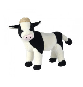 Schwarz-weißes Plüsch-Kuhspielzeug mit rosa Nase steht auf weißem Hintergrund.