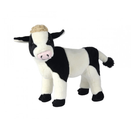 Schwarz-weißes Plüsch-Kuhspielzeug mit rosa Nase steht auf weißem Hintergrund.