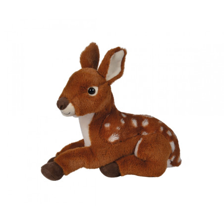 Plüschreh braun mit weißen Flecken, liegend und leicht nach links blickend.