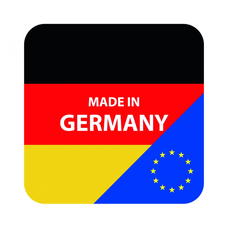Quadratisches Abzeichen mit deutschen Flaggenfarben, EU-Sternen und weißem Schriftzug Made in Germany.