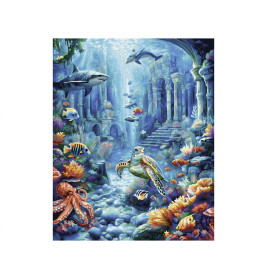 Bunte Unterwasserszene mit Fischen, Schildkröten, Oktopus, Delfinen und Ruinen einer antiken Steinstadt.